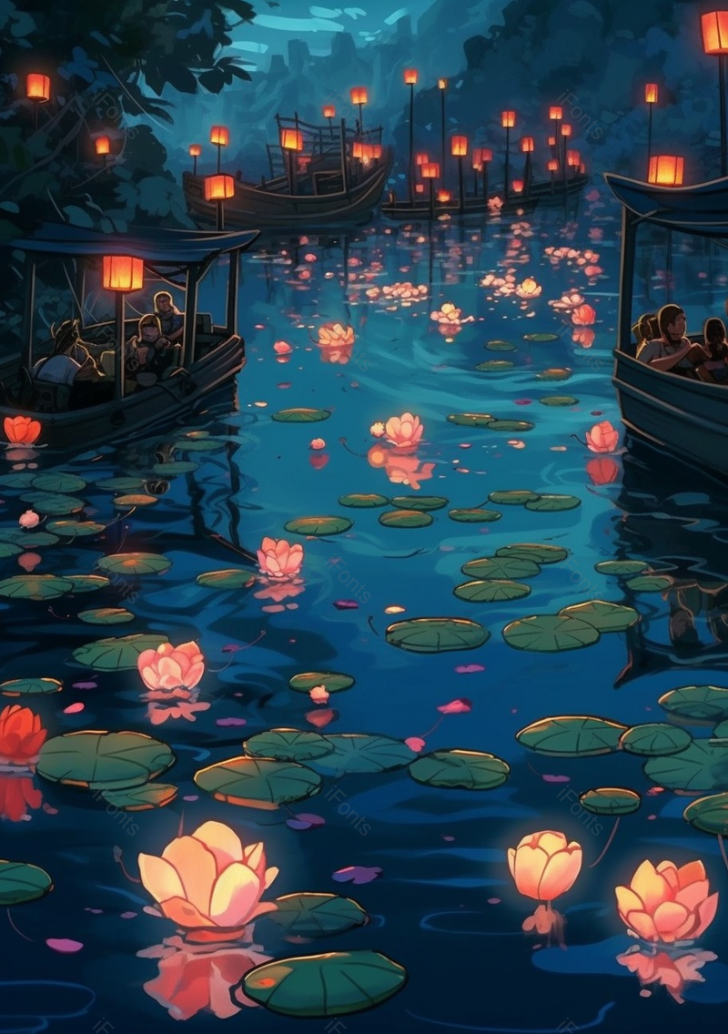 夏季夜晚湖面上的船只灯光荷花荷叶,插画/手绘图,插画/手绘图库,插画/手绘图下载,插画/手绘